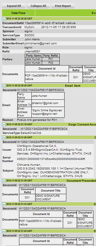 electronic signature event history expanded